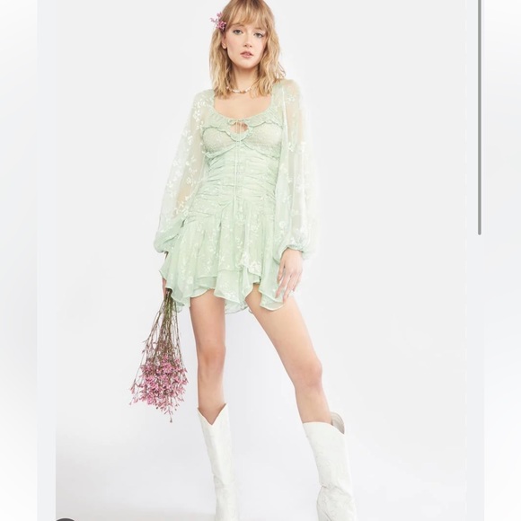 For Love & Lemons Breanne Ruched Tiered Sheer Long Puff Sleeve Mini Dress L - Picture 2 of 9